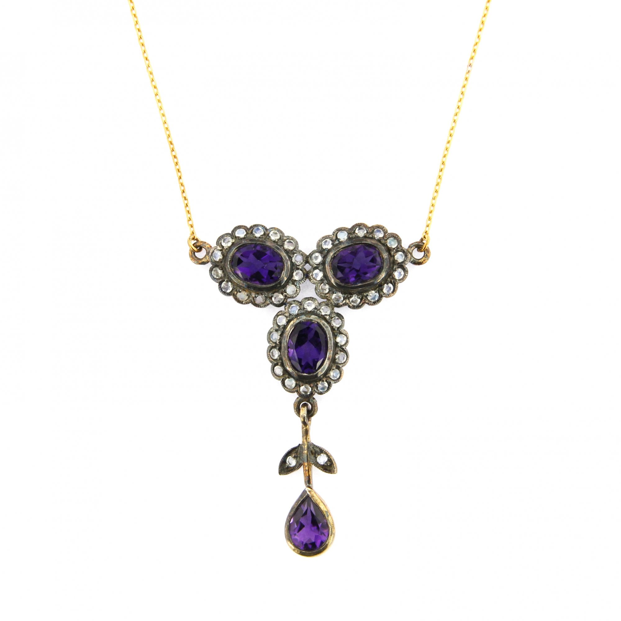 9ct Yellow Gold & Silver Amethyst 3 Stone Diamond Pendant & Chain