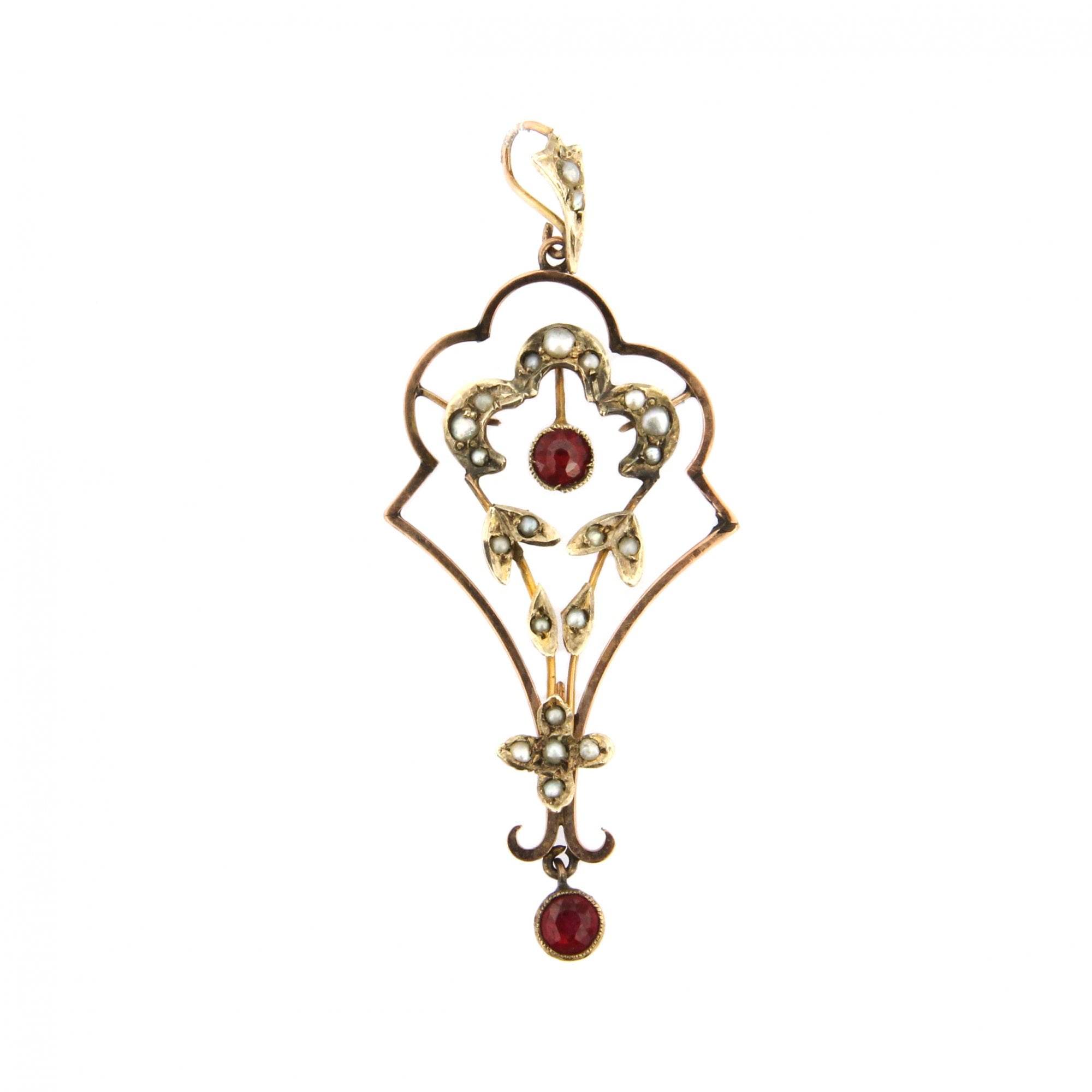9ct Yellow Gold Ruby & Seed Pearl Pendant & Chain