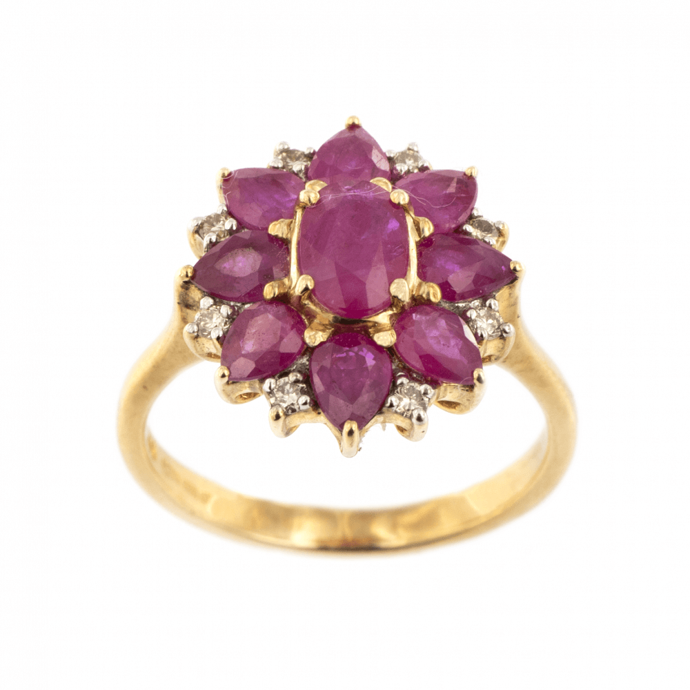 9ct Yellow Gold Ruby & Diamond Cluster Ring