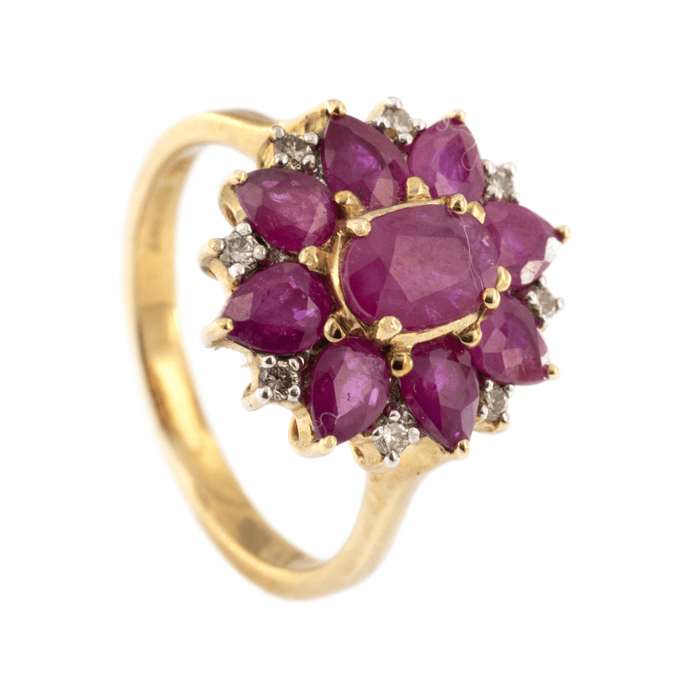 9ct Yellow Gold Ruby & Diamond Cluster Ring