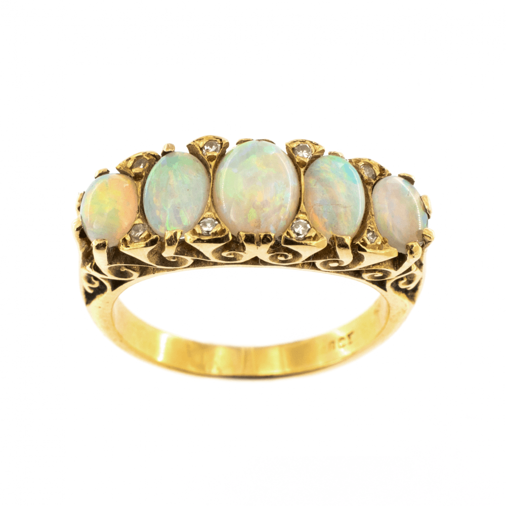 18ct Yellow Gold 5 Stone Opal & Diamond Ring