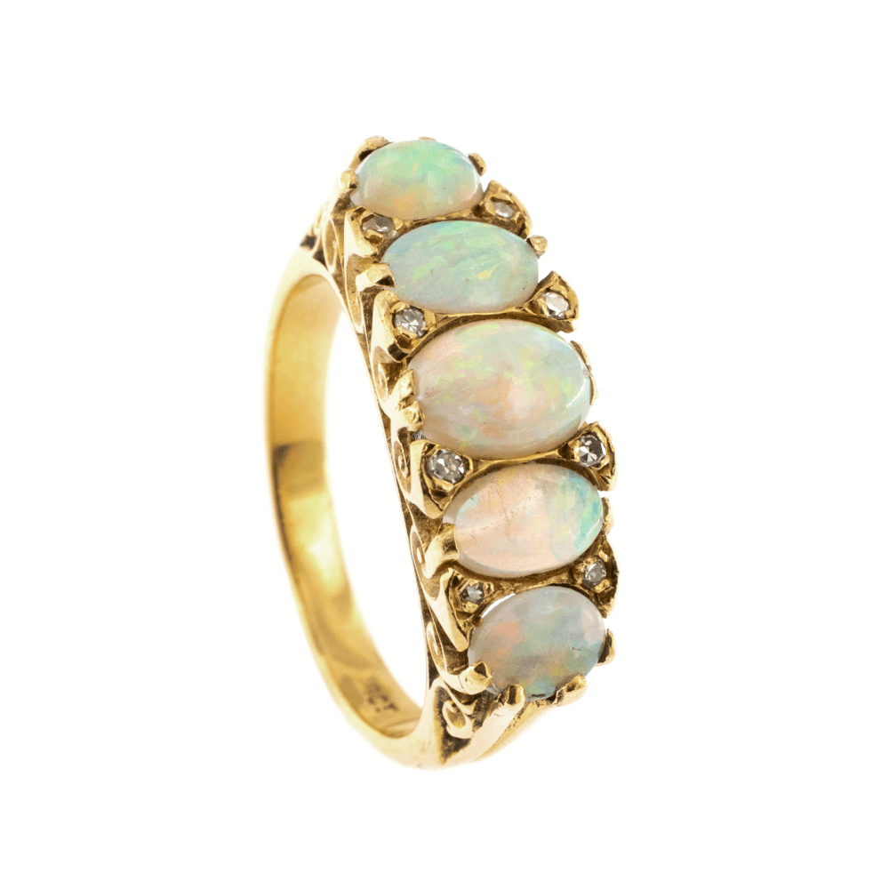 18ct Yellow Gold 5 Stone Opal & Diamond Ring