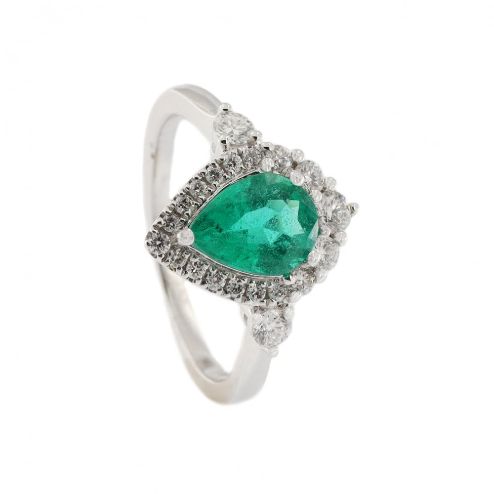 18ct White Gold Emerald 1.25ct & Diamond Cluster Ring