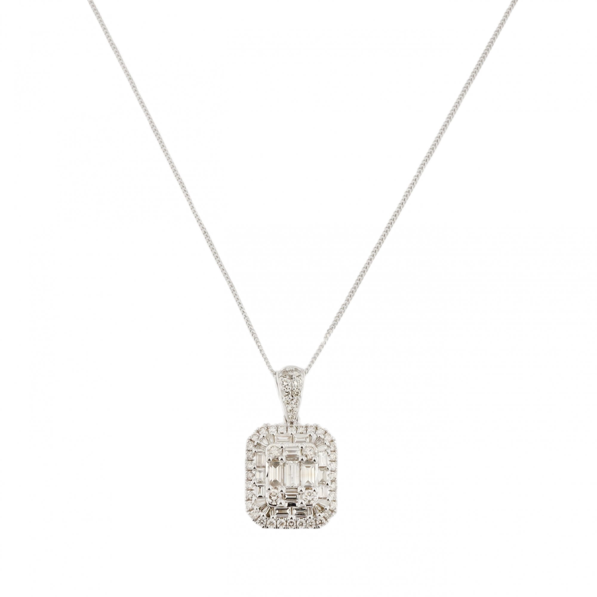 9ct White Gold Diamond Baguette Square 2.20ct Pendant & Chain