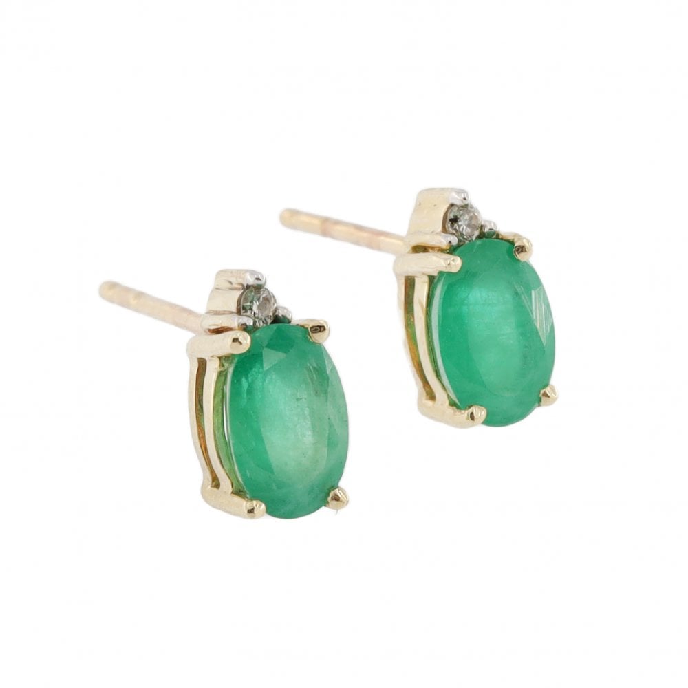 9ct Yellow Gold Emerald & Diamond Oval Studs
