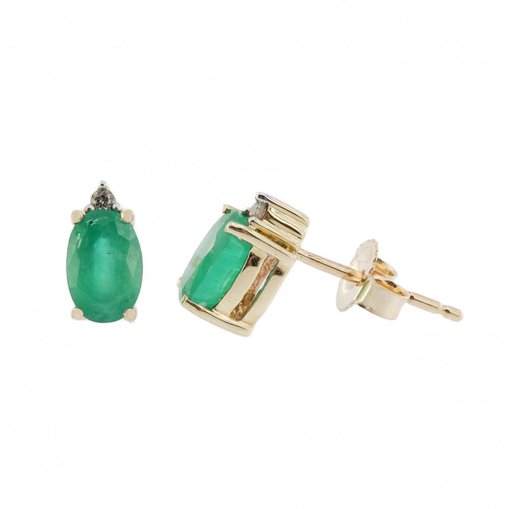 9ct Yellow Gold Emerald & Diamond Oval Studs