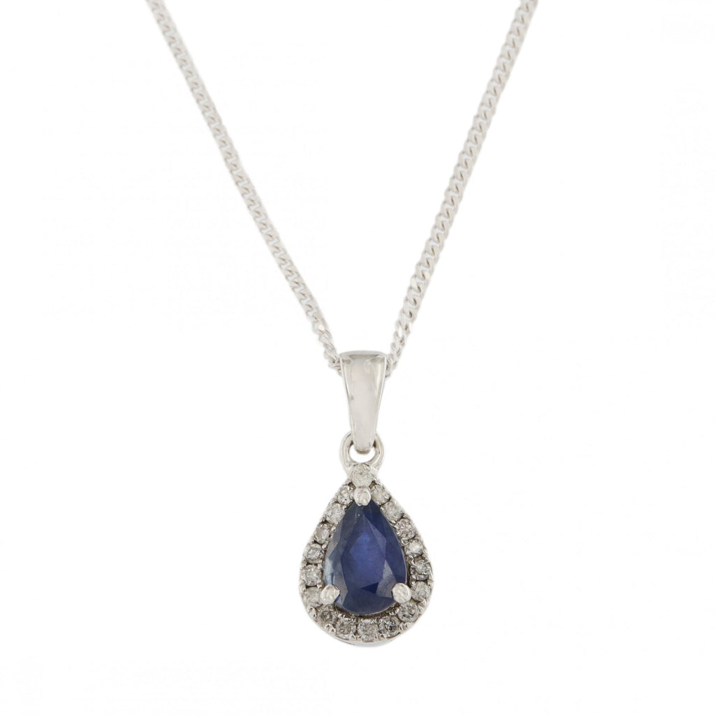 9ct White Gold Sapphire & Diamond Pear Cluster Pendant & Chain