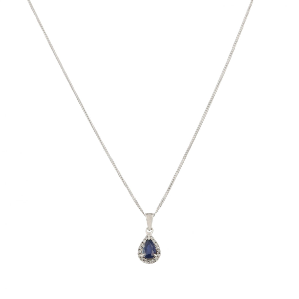 9ct White Gold Sapphire & Diamond Pear Cluster Pendant & Chain