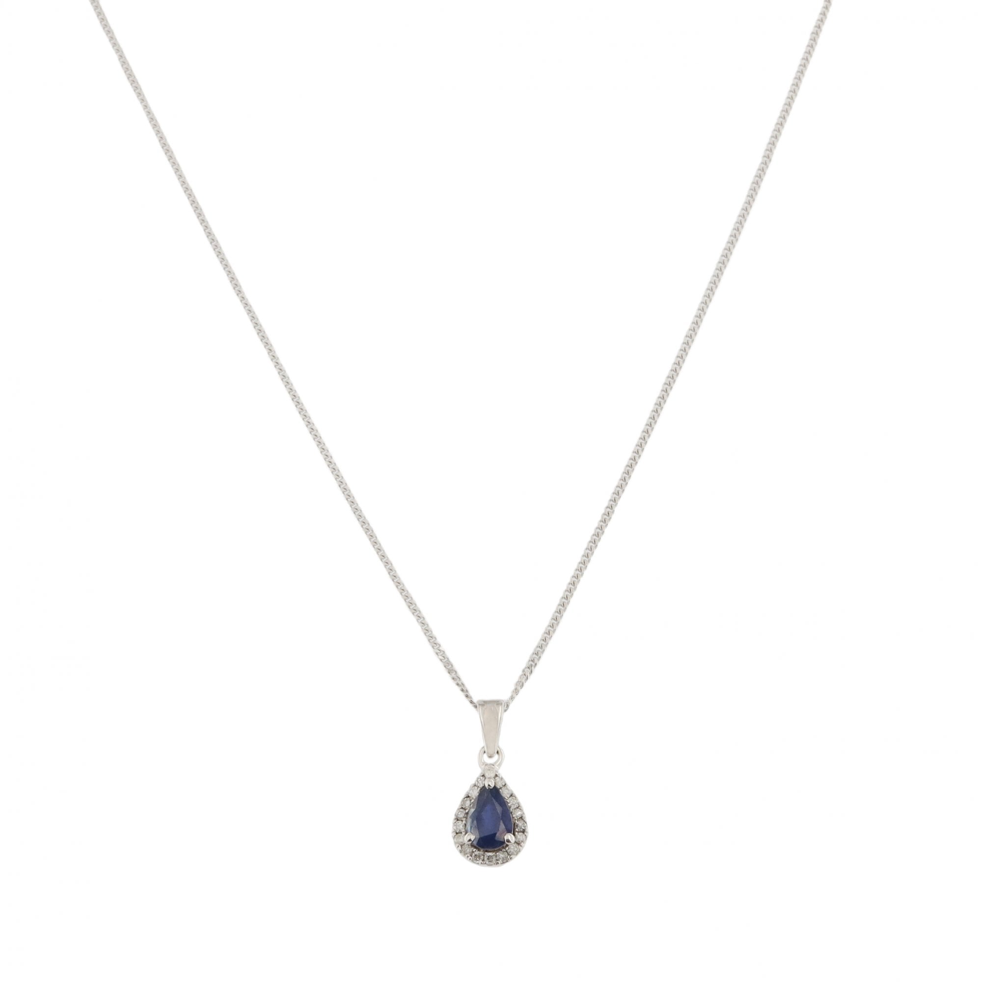 9ct White Gold Sapphire & Diamond Pear Cluster Pendant & Chain