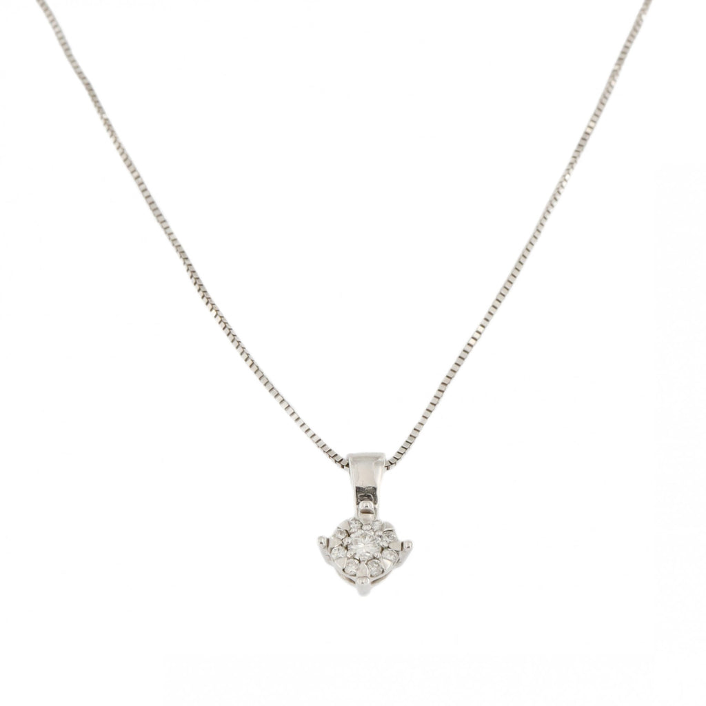 9ct White Gold Diamond Set Cluster Pendant & Chain