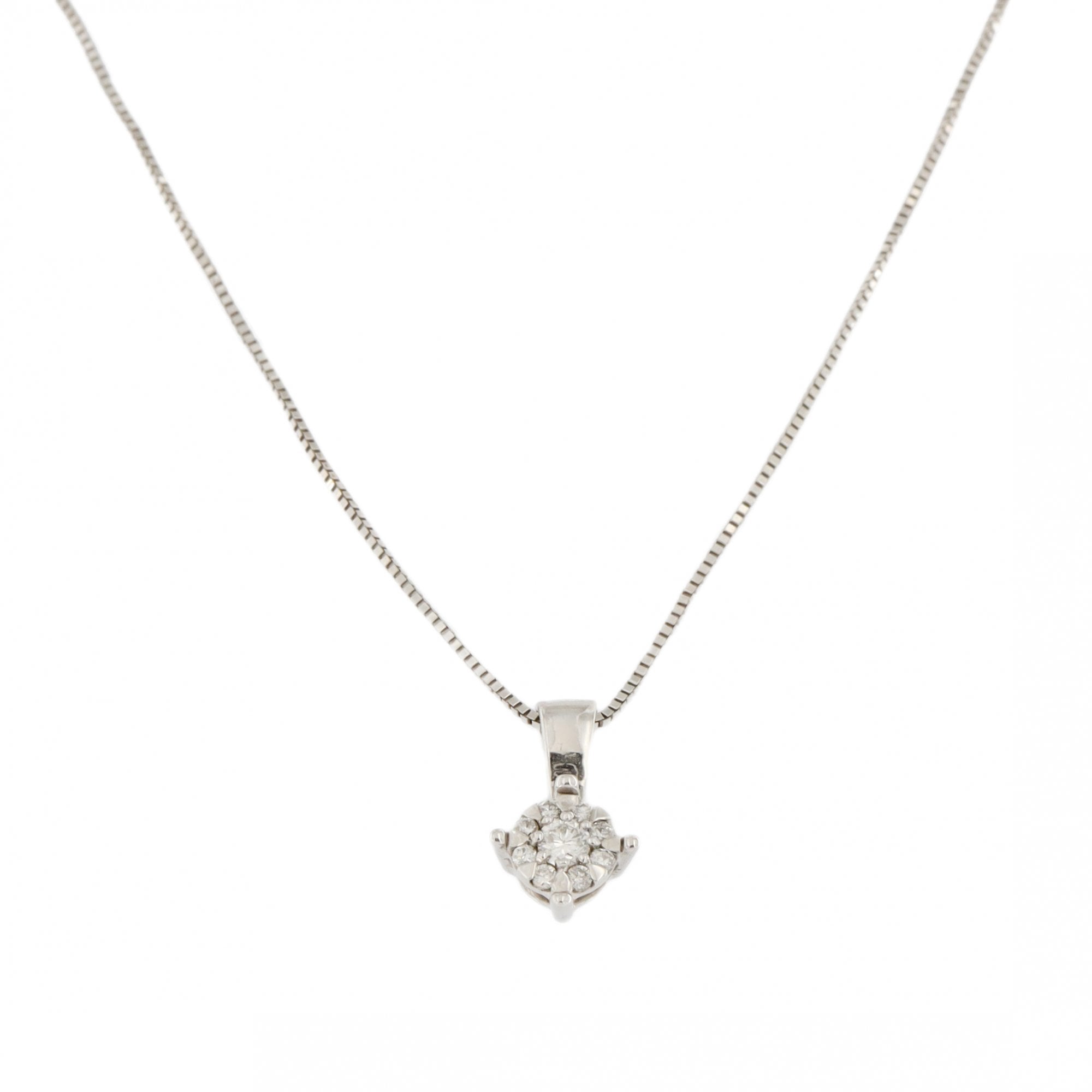 9ct White Gold Diamond Set Cluster Pendant & Chain