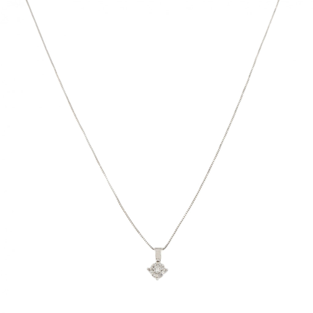 9ct White Gold Diamond Set Cluster Pendant & Chain