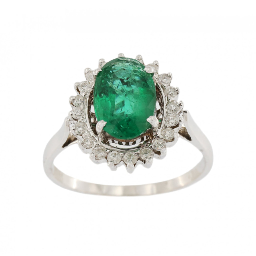 14ct White Gold Emerald & Diamond Cluster Ring