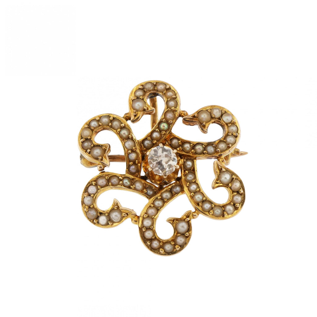 14ct Yellow Gold Diamond Seedpearl Brooch