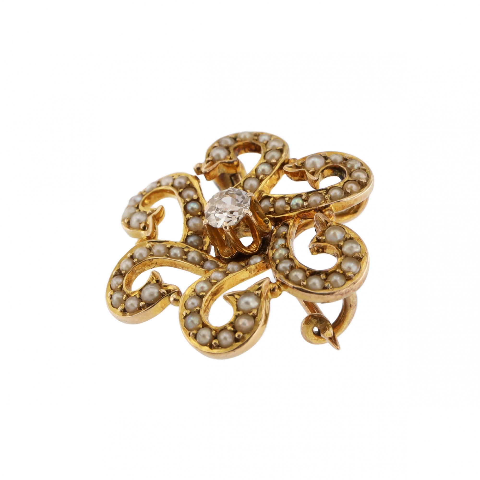 14ct Yellow Gold Diamond Seedpearl Brooch