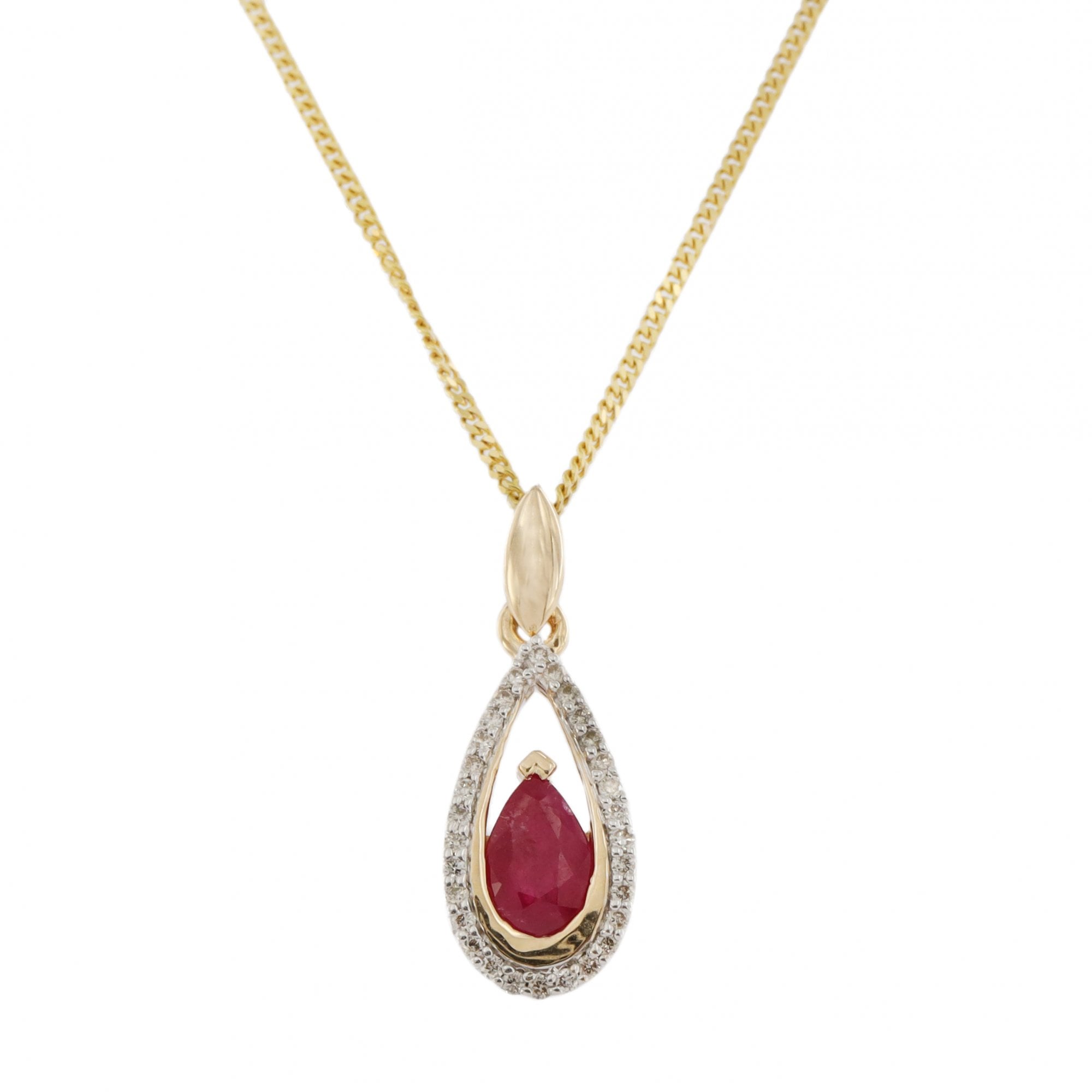 9ct Yellow Gold Ruby & Diamond Oval Pendant & Chain