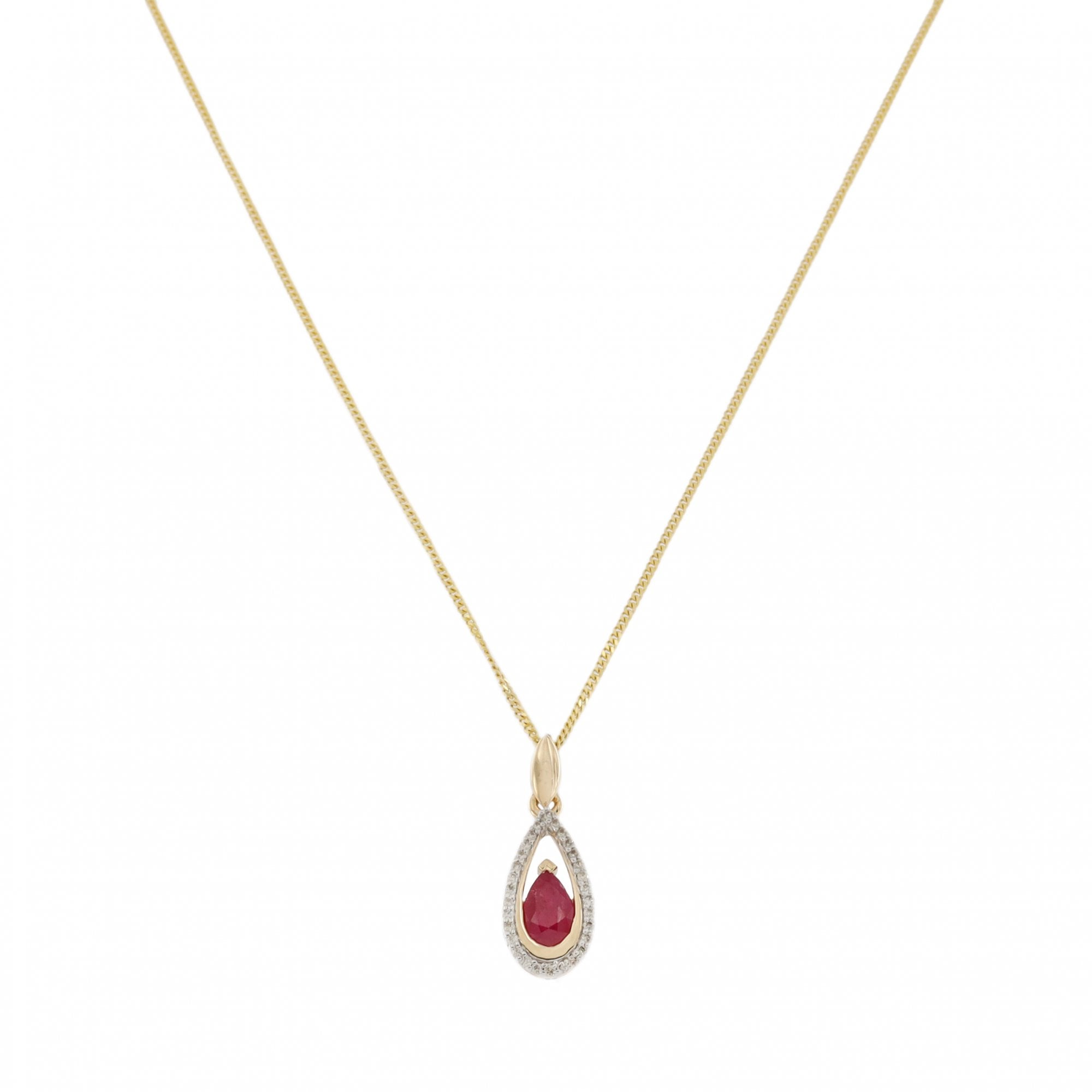 9ct Yellow Gold Ruby & Diamond Oval Pendant & Chain