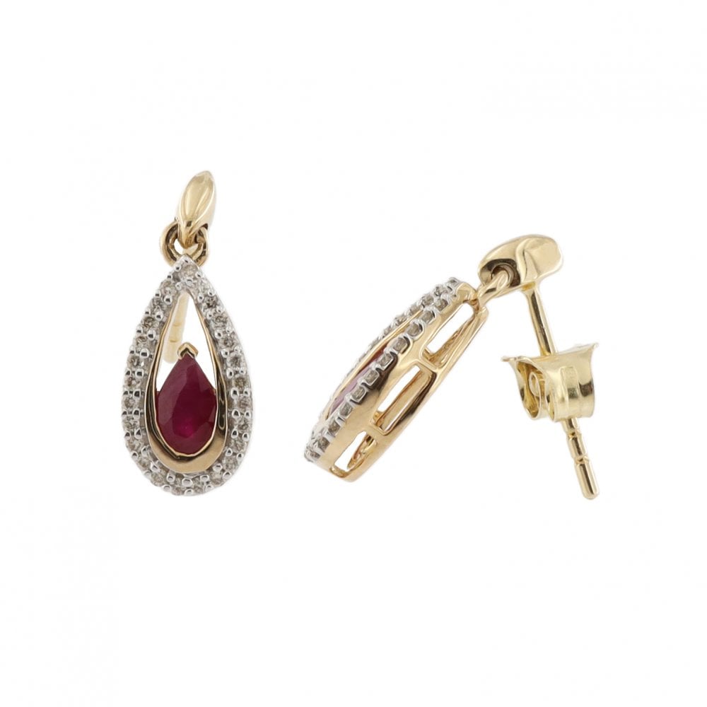 9ct Yellow Gold Ruby & Diamond Oval Drops
