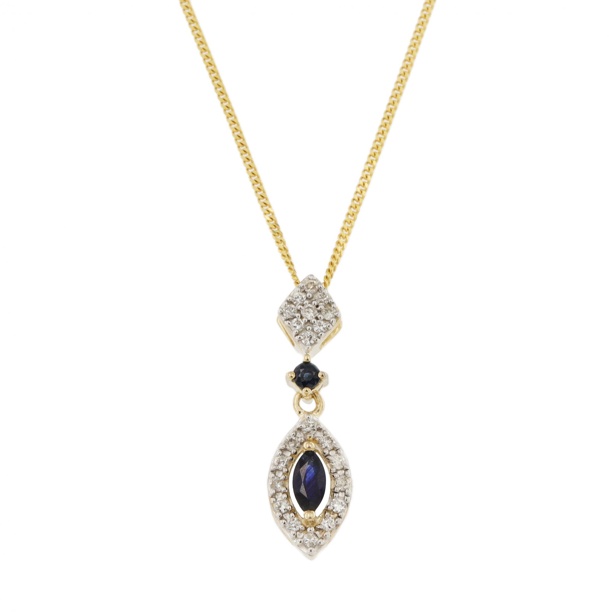 9ct White Gold Sapphire & Diamond Marques Cluster Pendant & Chain