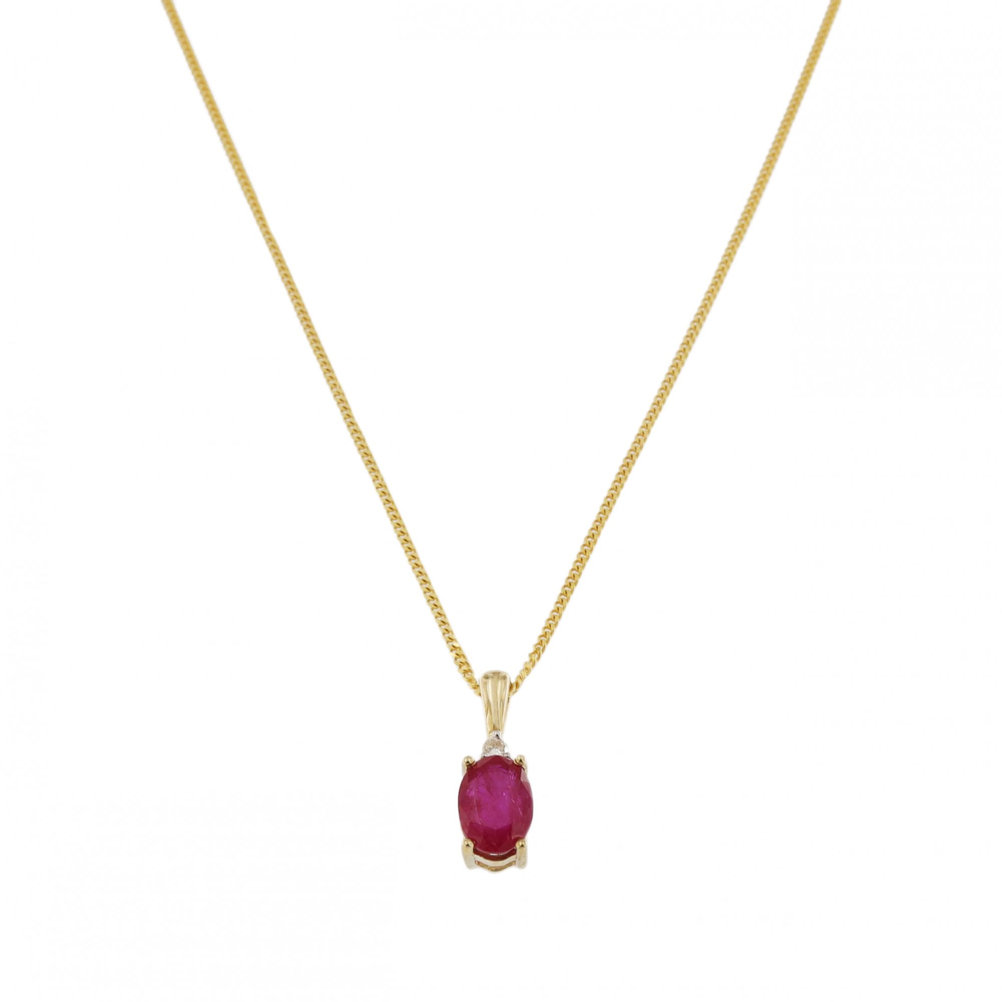 9ct Yellow Gold Ruby & Diamond Oval Pendant & Chain