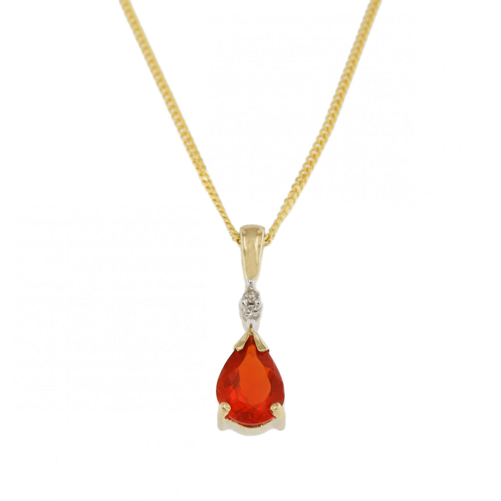 9ct Yellow Gold Fire Opal & Diamond Pendant & Chain