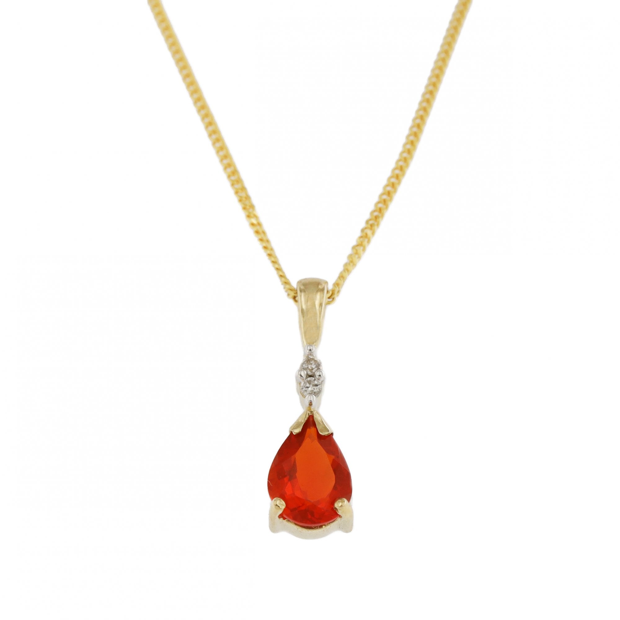 9ct Yellow Gold Fire Opal & Diamond Pendant & Chain