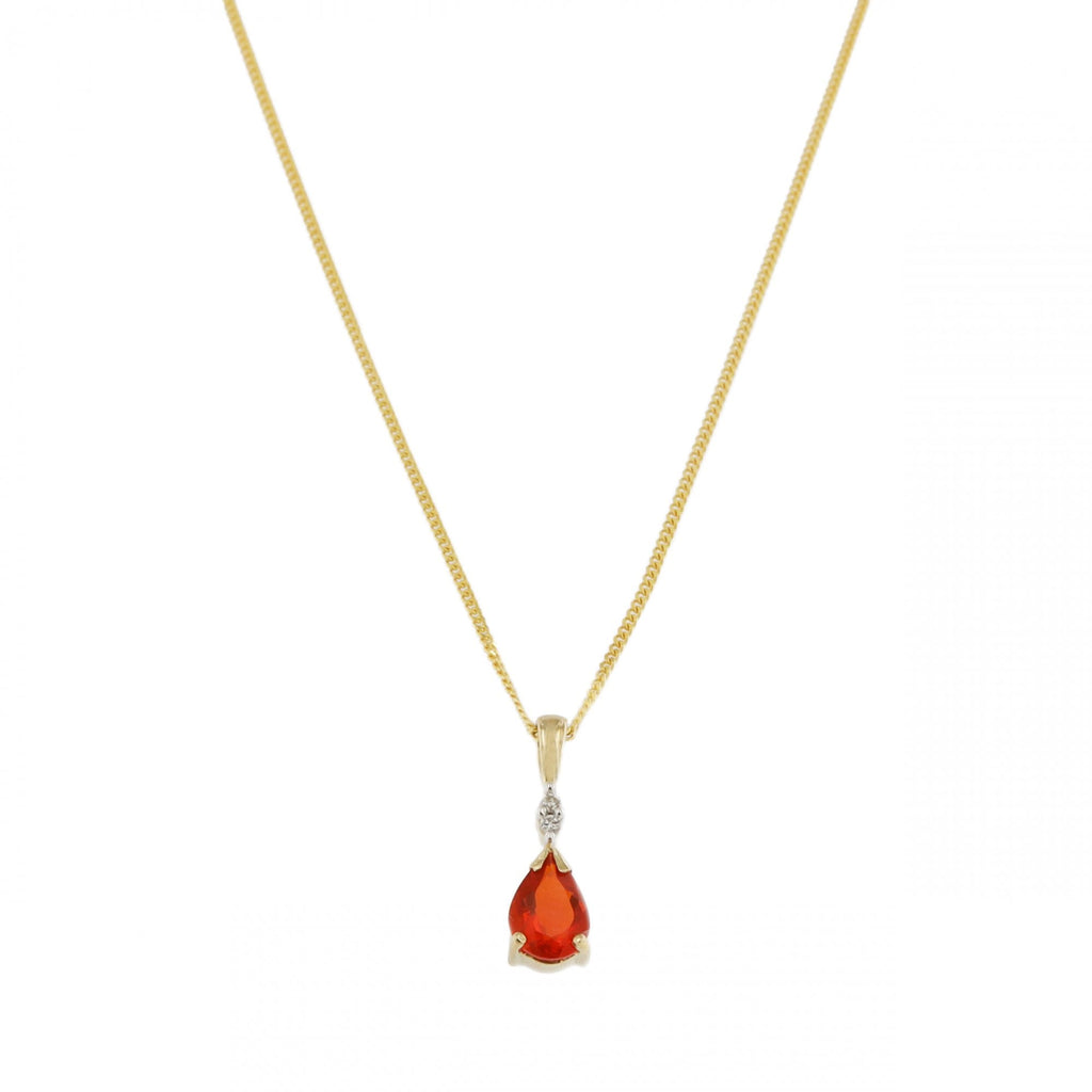 9ct Yellow Gold Fire Opal & Diamond Pendant & Chain