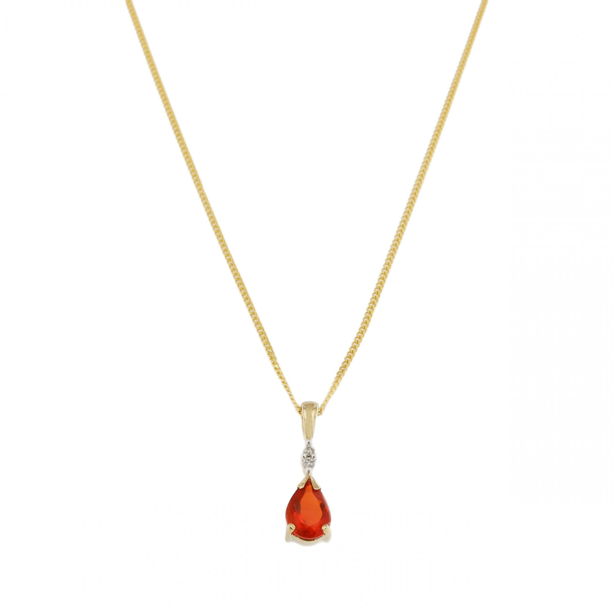 9ct Yellow Gold Fire Opal & Diamond Pendant & Chain