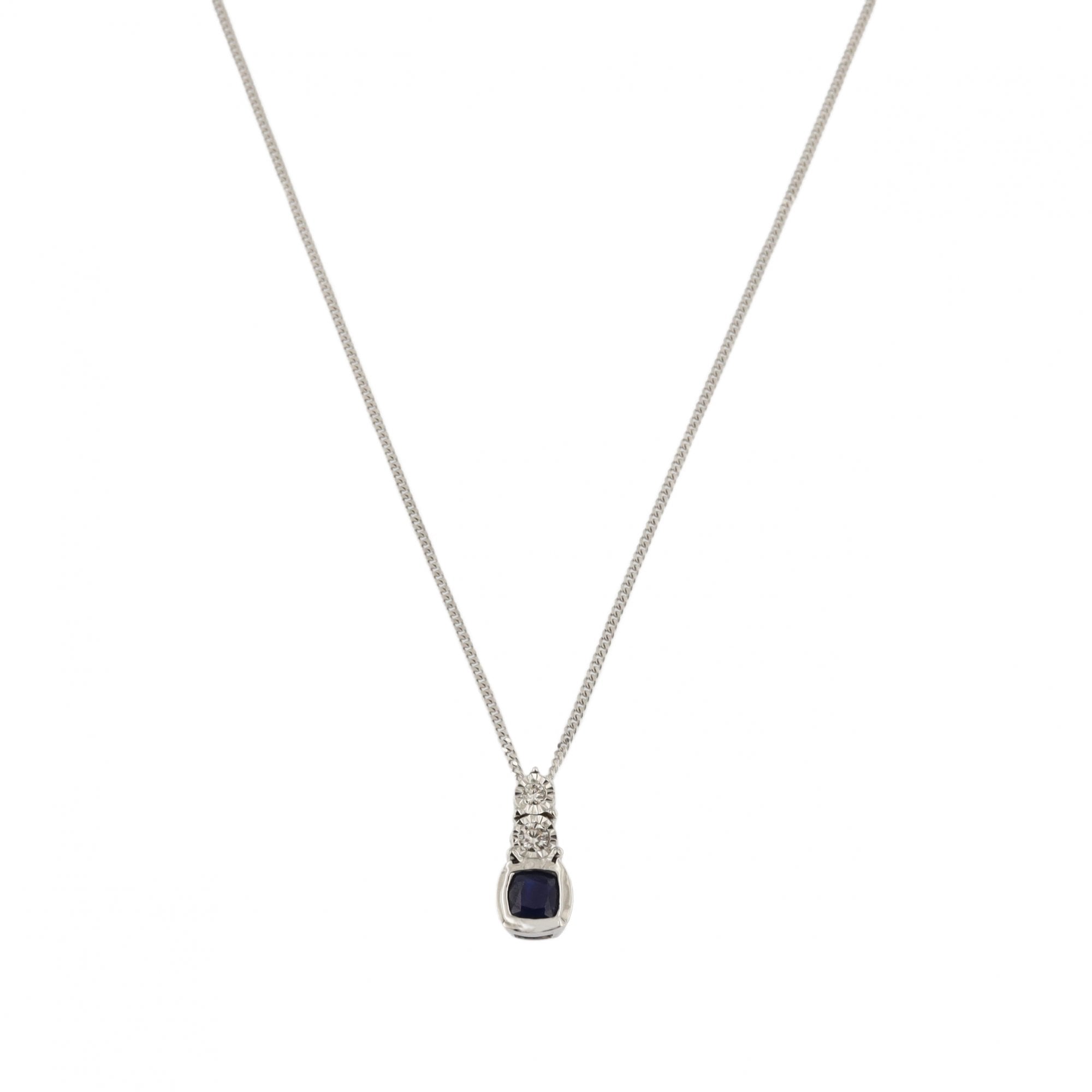 9ct White Gold Sapphire & Diamond Pendant & Chain