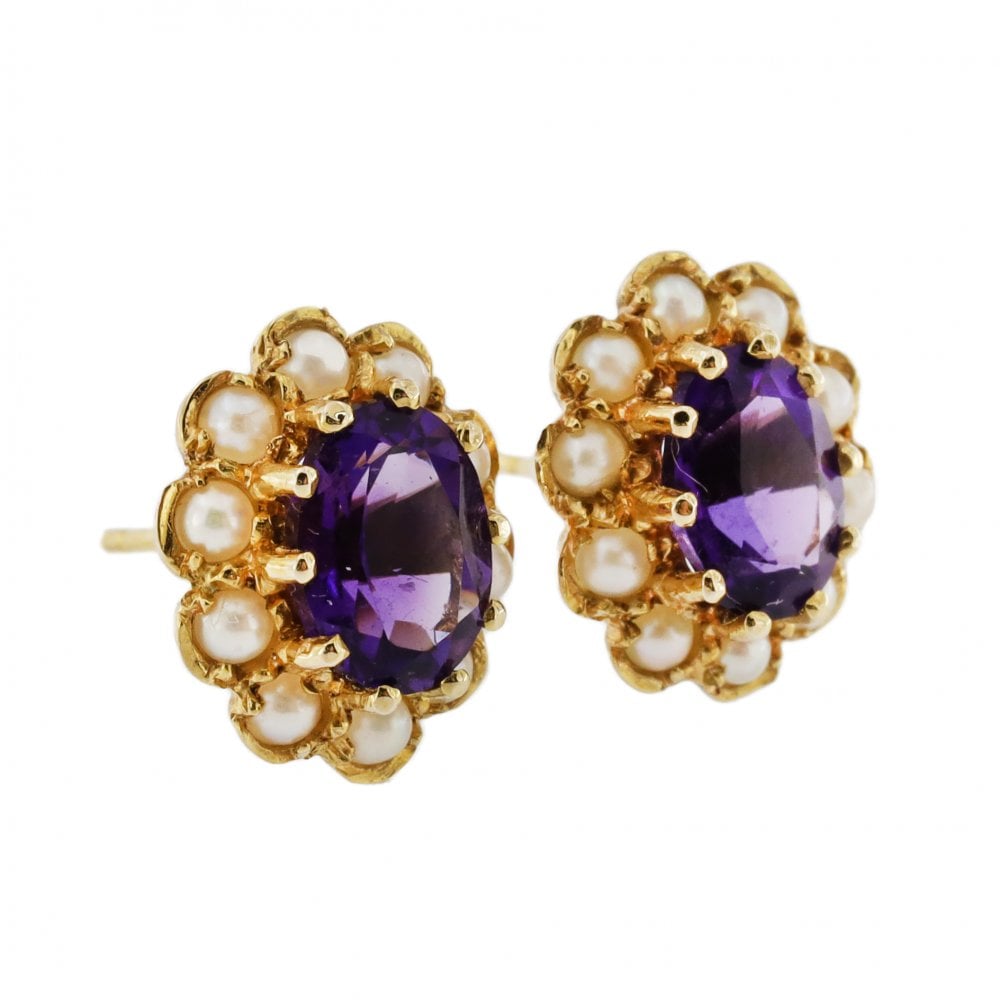 9ct Yellow Gold Amethyst & Seed Pearl Earrings