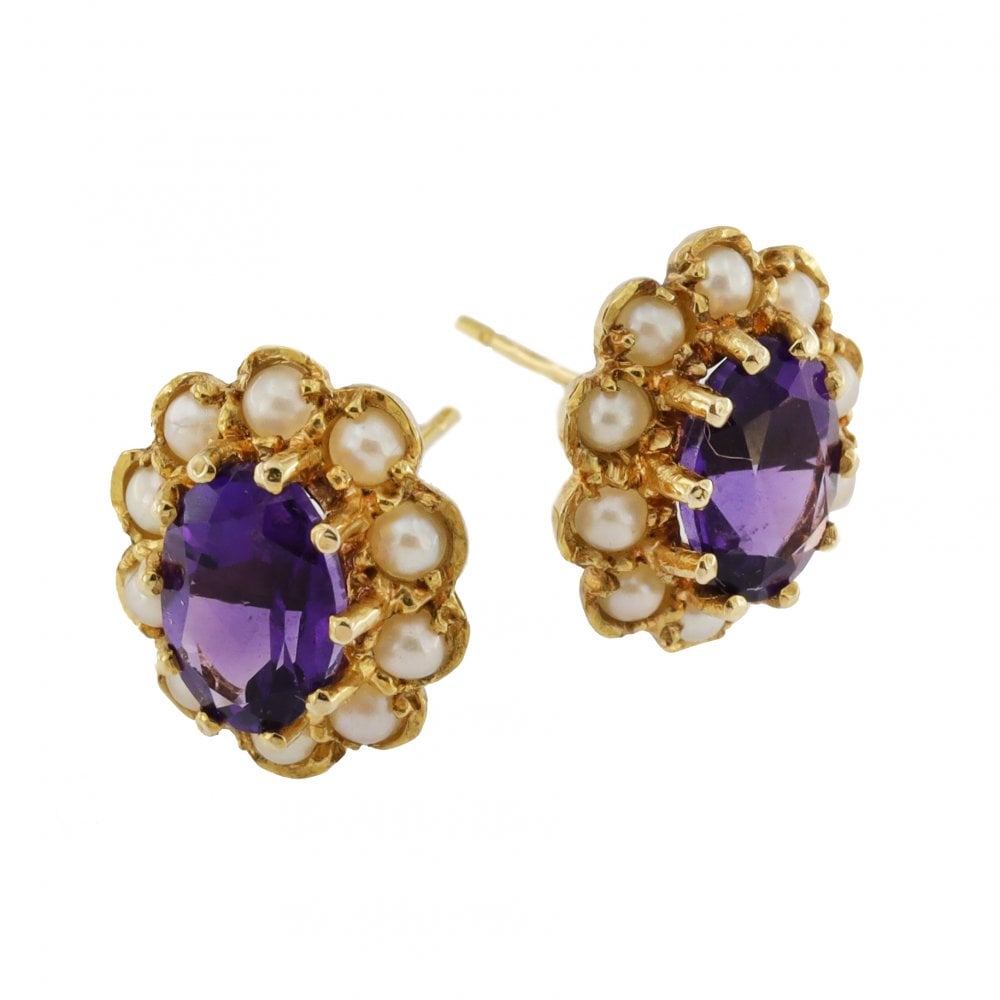 9ct Yellow Gold Amethyst & Seed Pearl Earrings