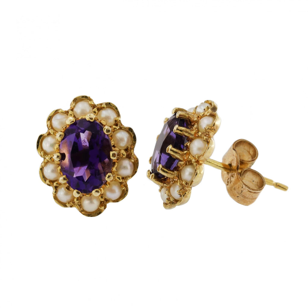 9ct Yellow Gold Amethyst & Seed Pearl Earrings