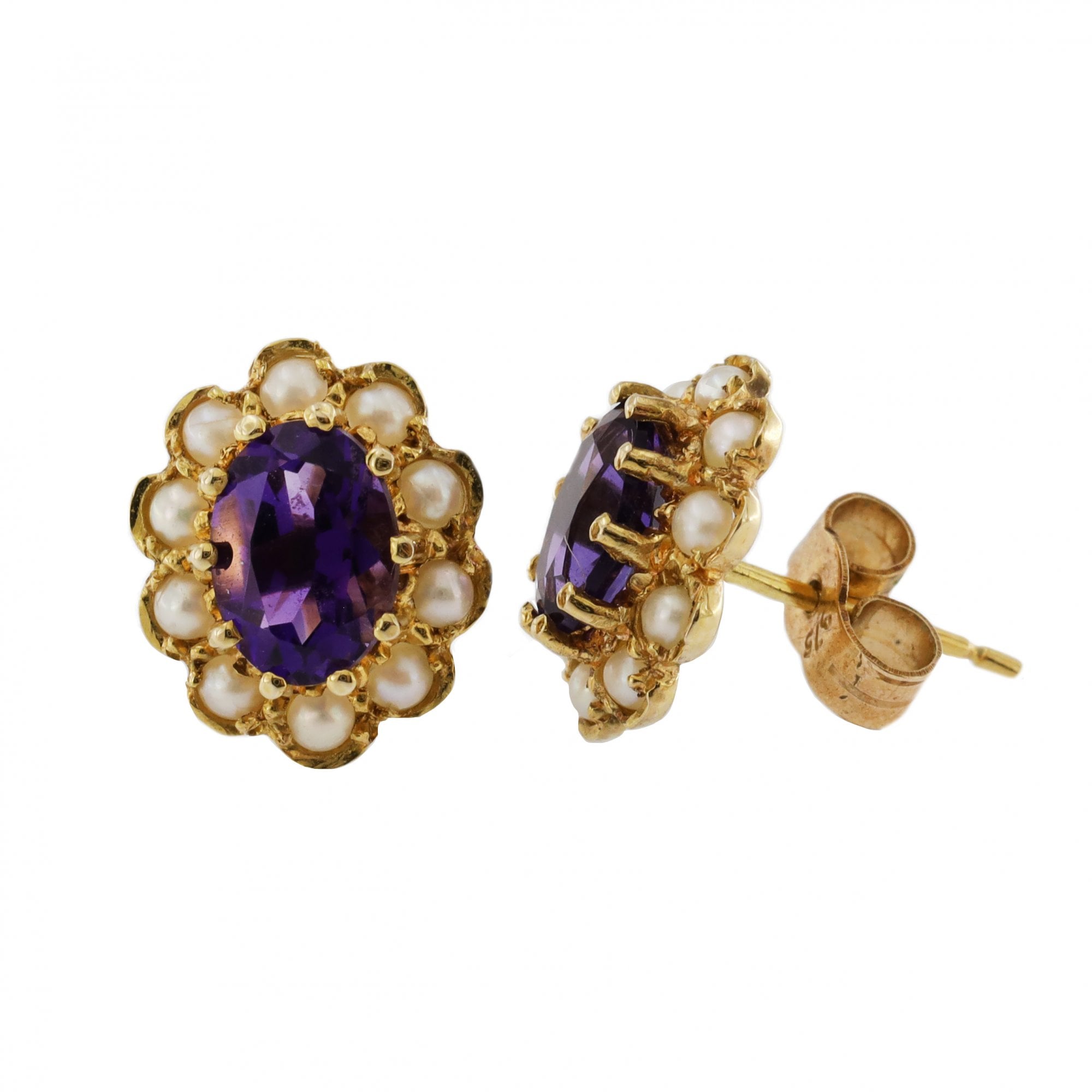9ct Yellow Gold Amethyst & Seed Pearl Earrings