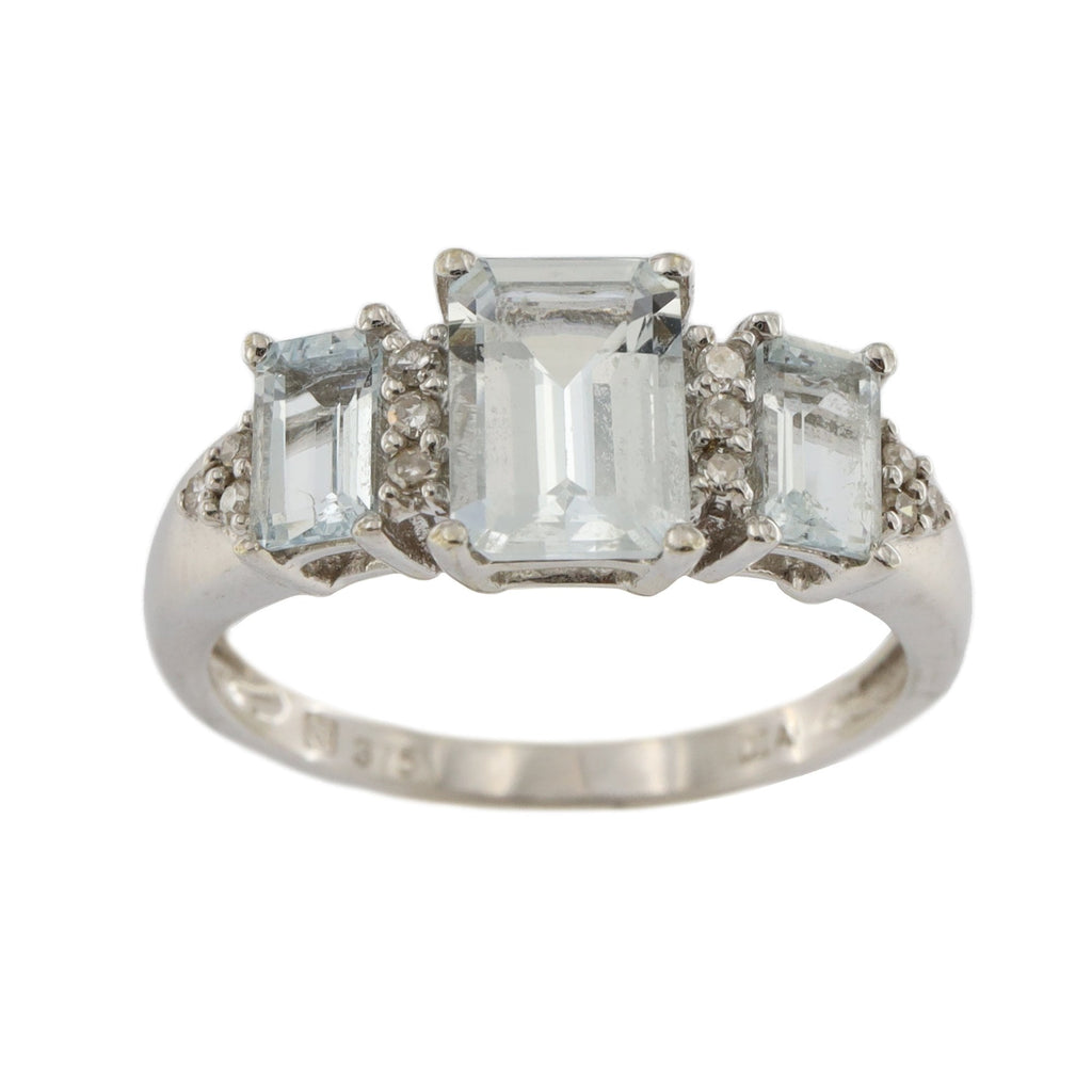 9ct White Gold 3 Stone Aquamarine & Diamond Ring