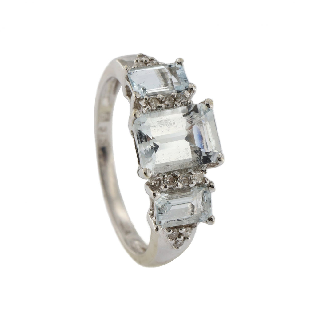 9ct White Gold 3 Stone Aquamarine & Diamond Ring