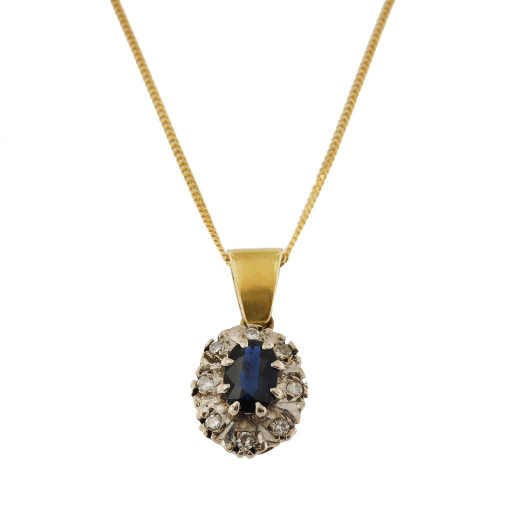 9ct Yellow Gold Sapphire & Diamond Cluster Pendant & Chain