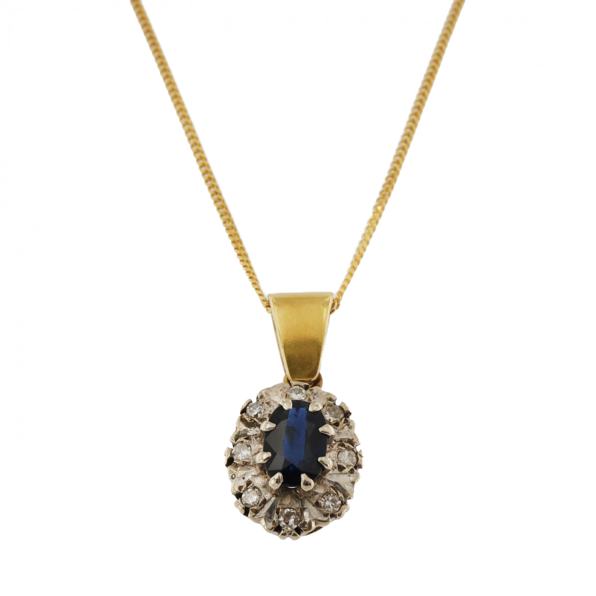 9ct Yellow Gold Sapphire & Diamond Cluster Pendant & Chain
