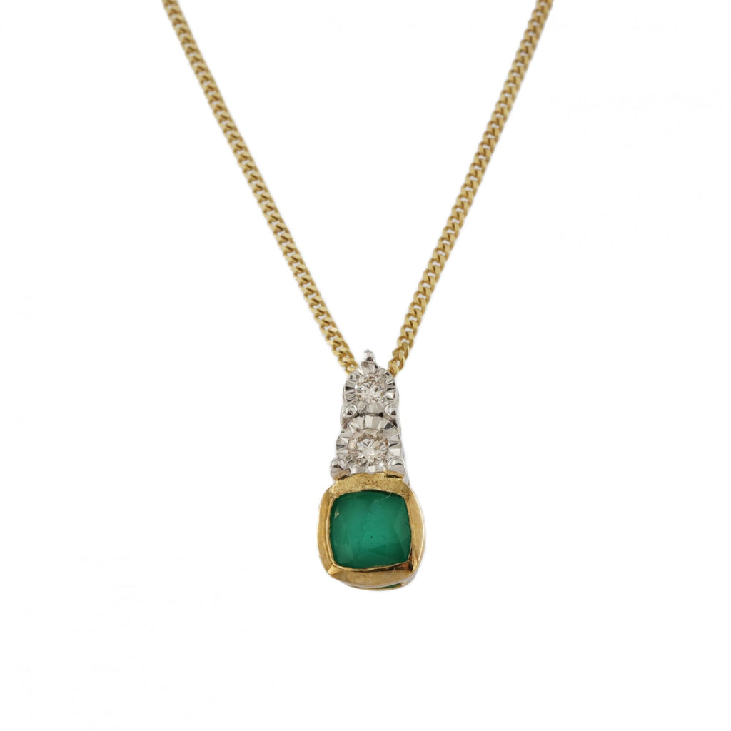9ct Yellow Gold Emerald & Diamond Cushion Pendant & Chain
