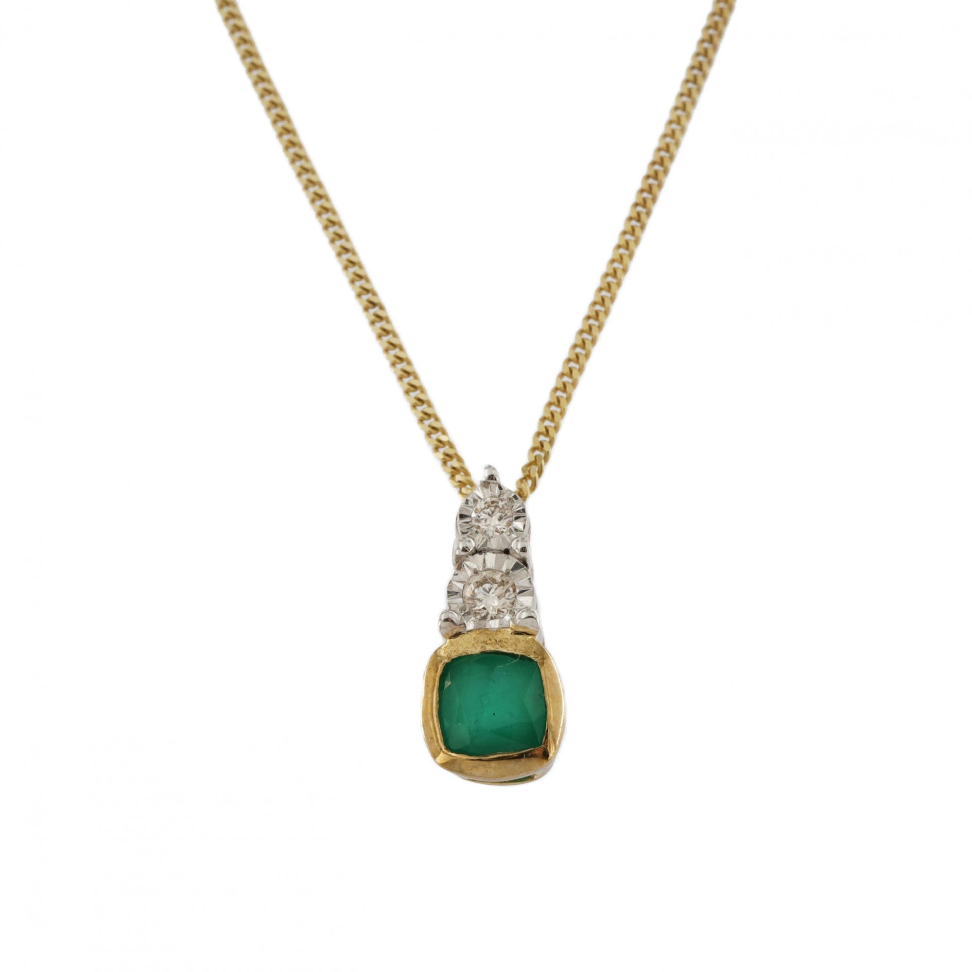9ct Yellow Gold Emerald & Diamond Cushion Pendant & Chain