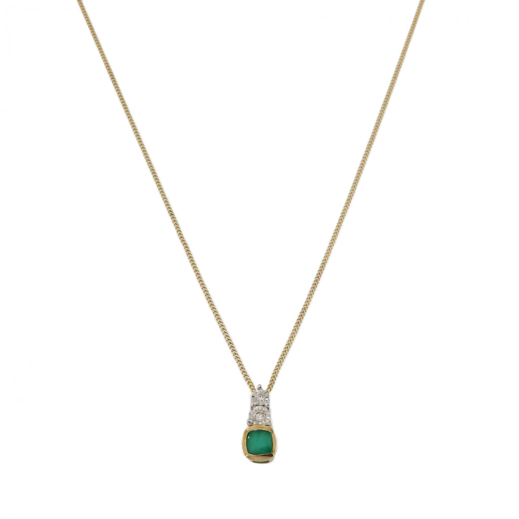 9ct Yellow Gold Emerald & Diamond Cushion Pendant & Chain