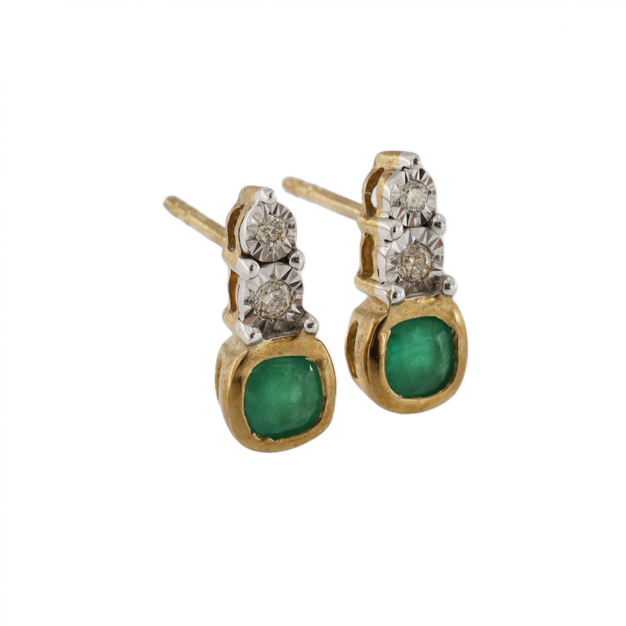 9ct Yellow Gold Emerald & Diamond Cushion Earrings