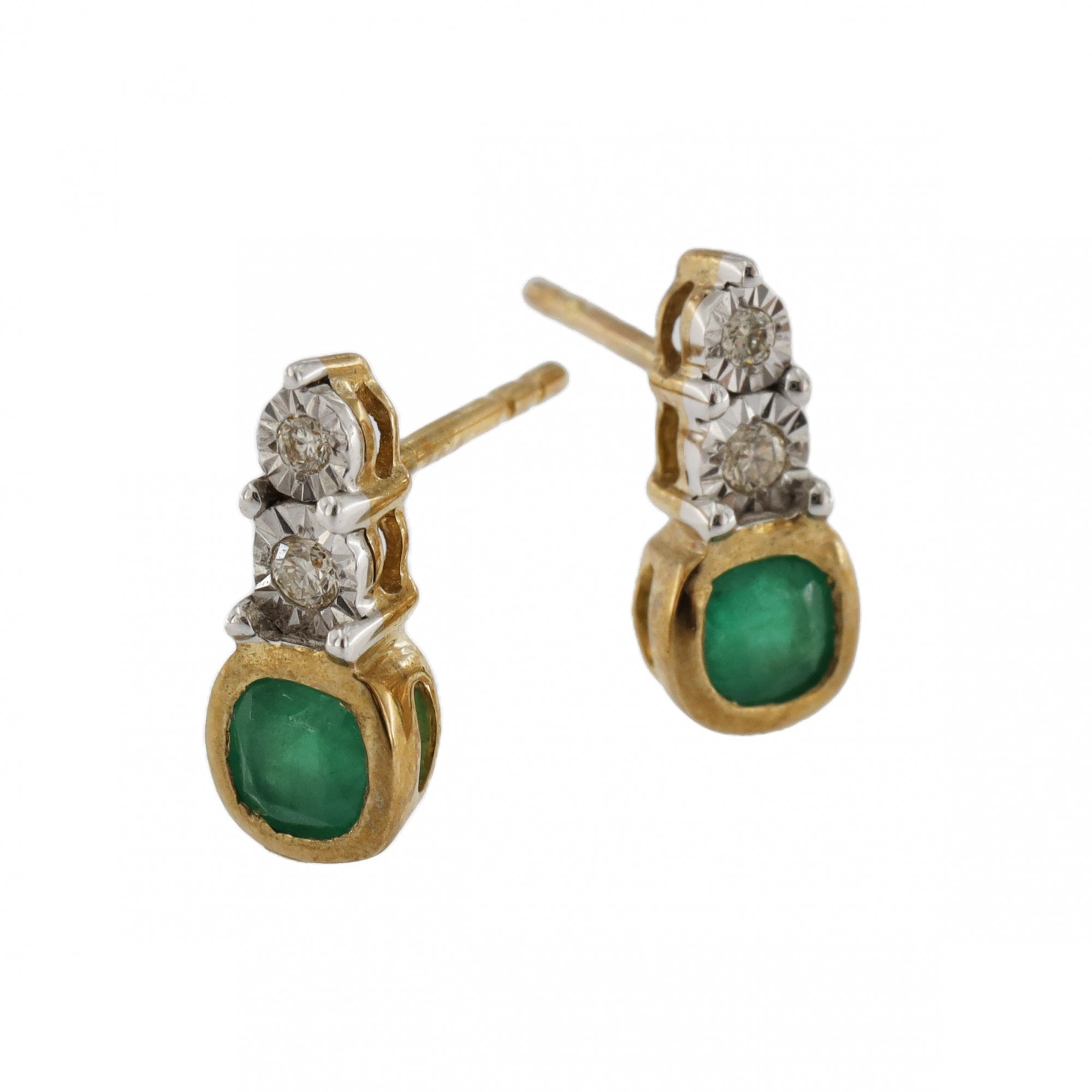 9ct Yellow Gold Emerald & Diamond Cushion Earrings