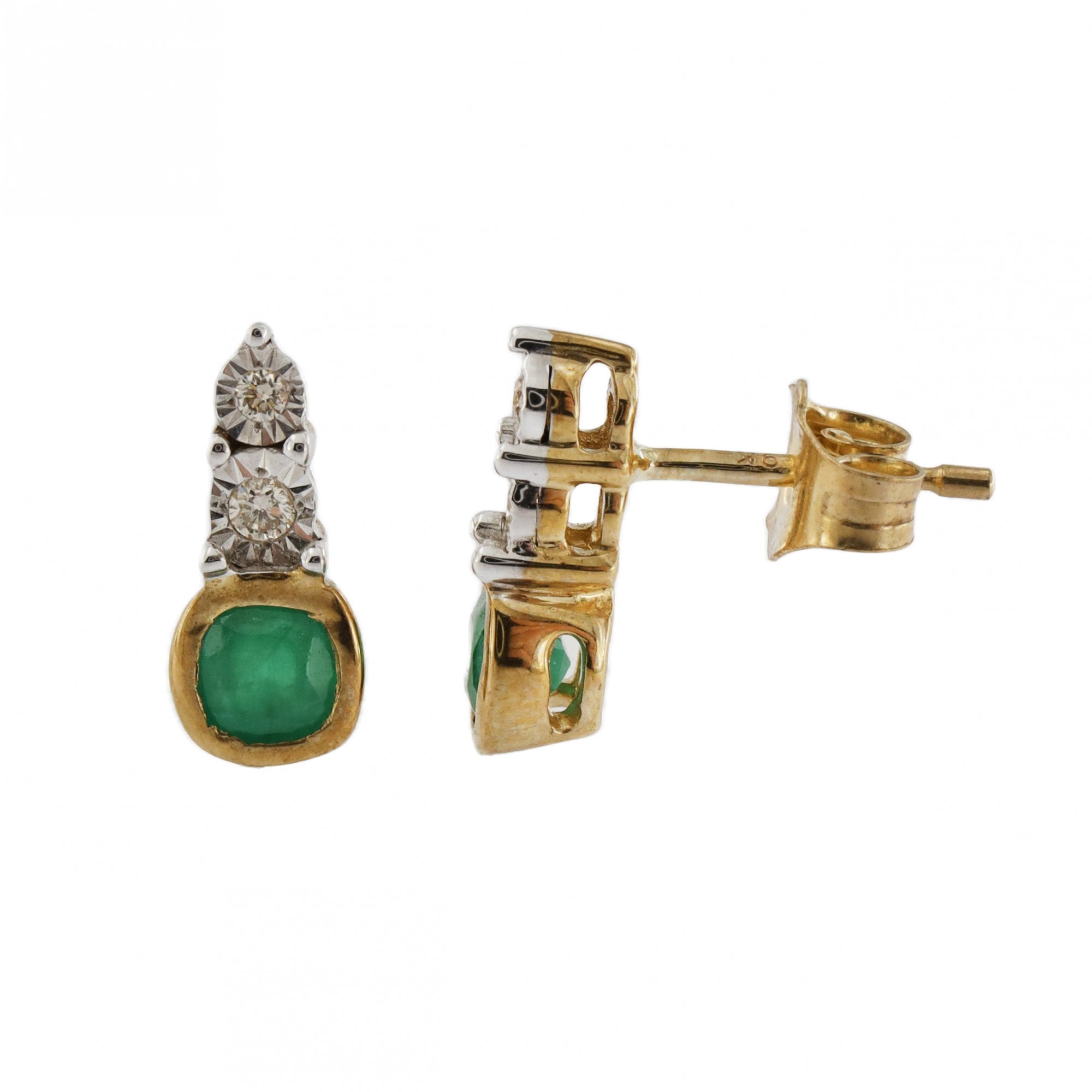 9ct Yellow Gold Emerald & Diamond Cushion Earrings