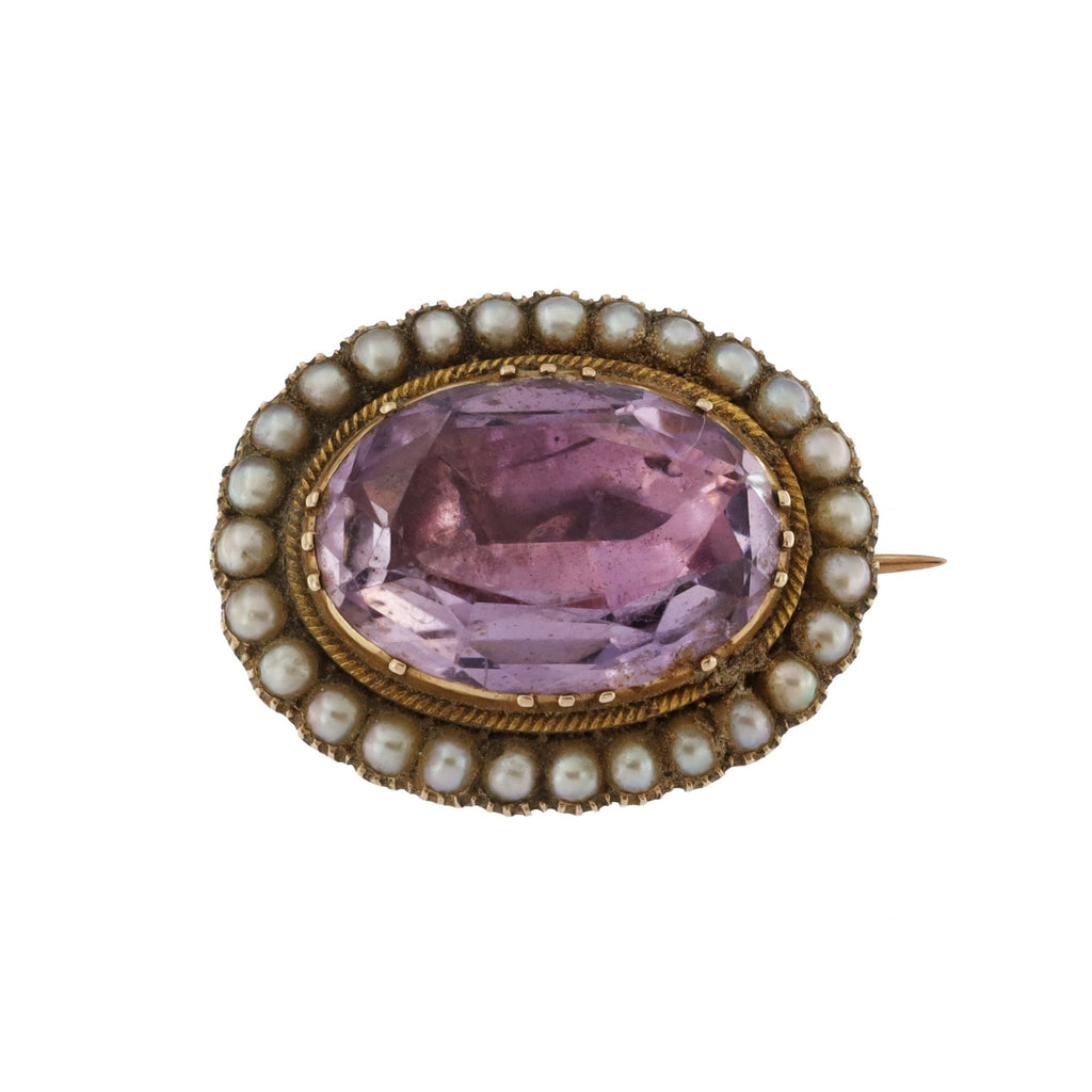 10ct Yellow Gold Maundy Amethyst & Pearl Brooch 1831