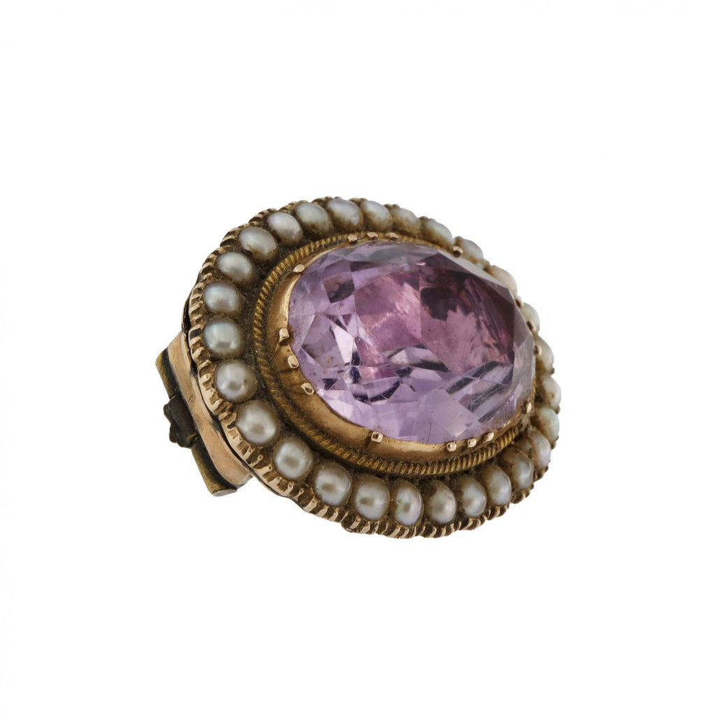 10ct Yellow Gold Maundy Amethyst & Pearl Brooch 1831