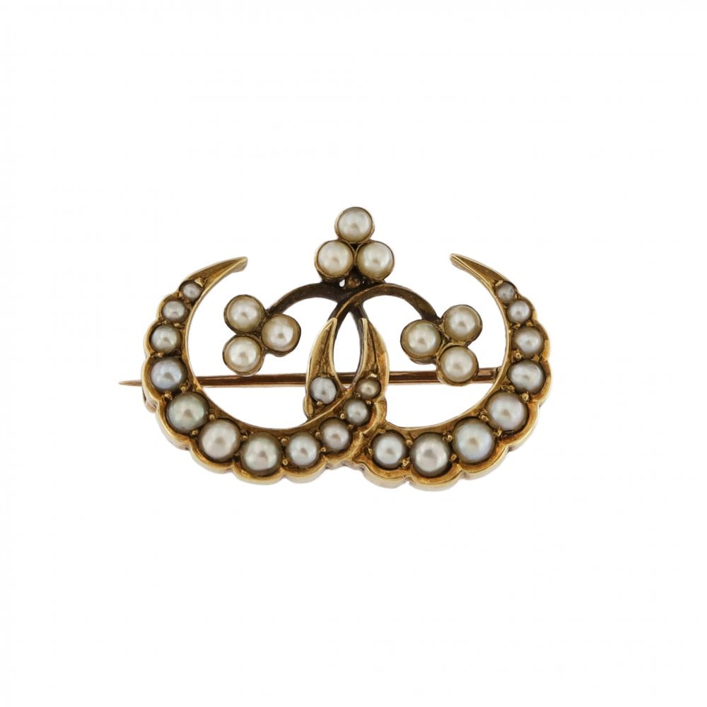 9ct Yellow Gold Seed Pearl Crescent Brooch