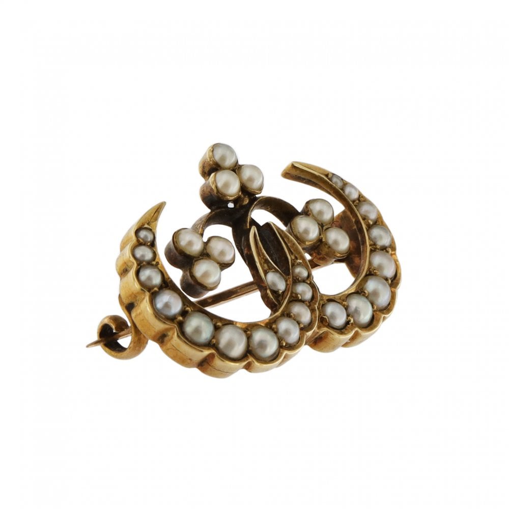 9ct Yellow Gold Seed Pearl Crescent Brooch