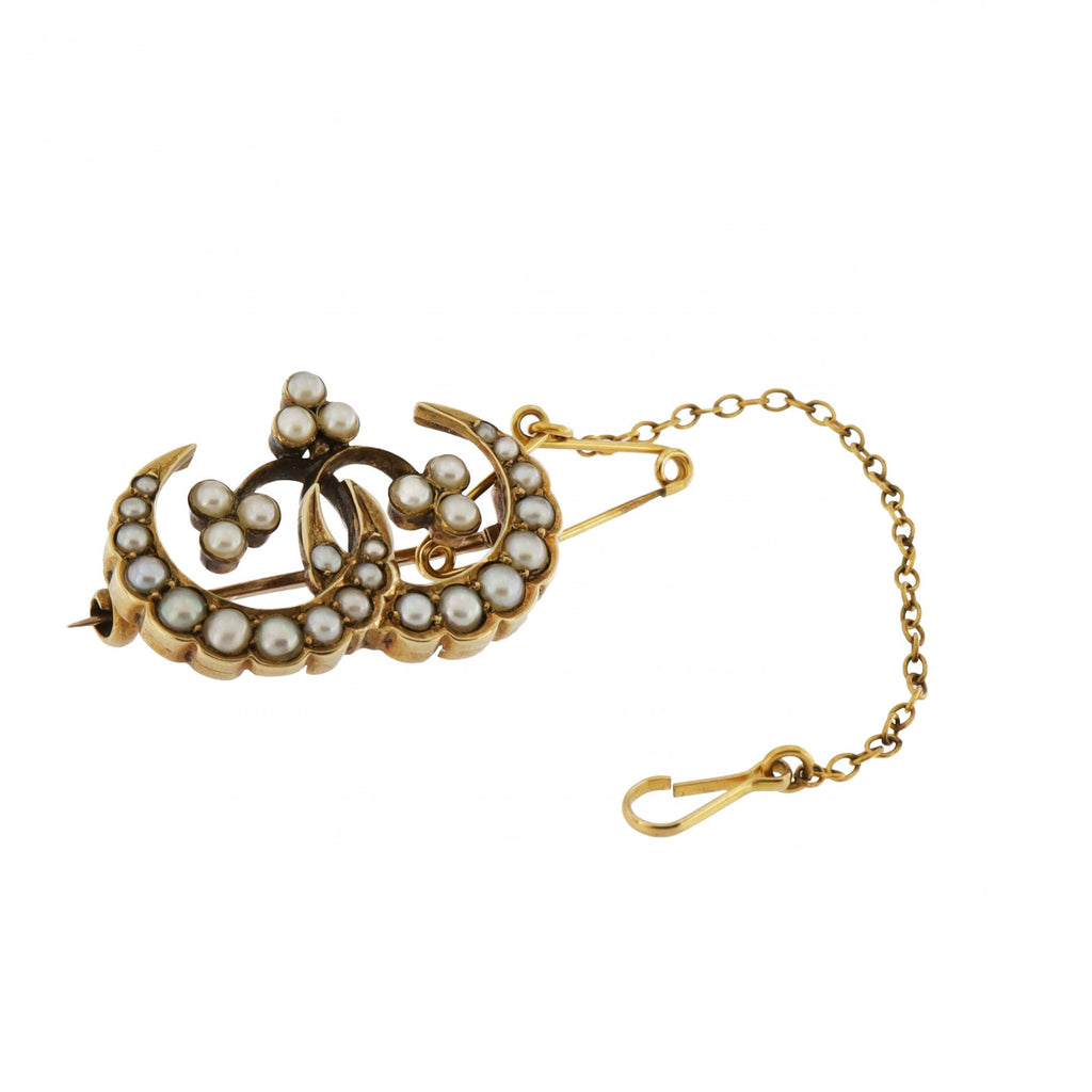 9ct Yellow Gold Seed Pearl Crescent Brooch