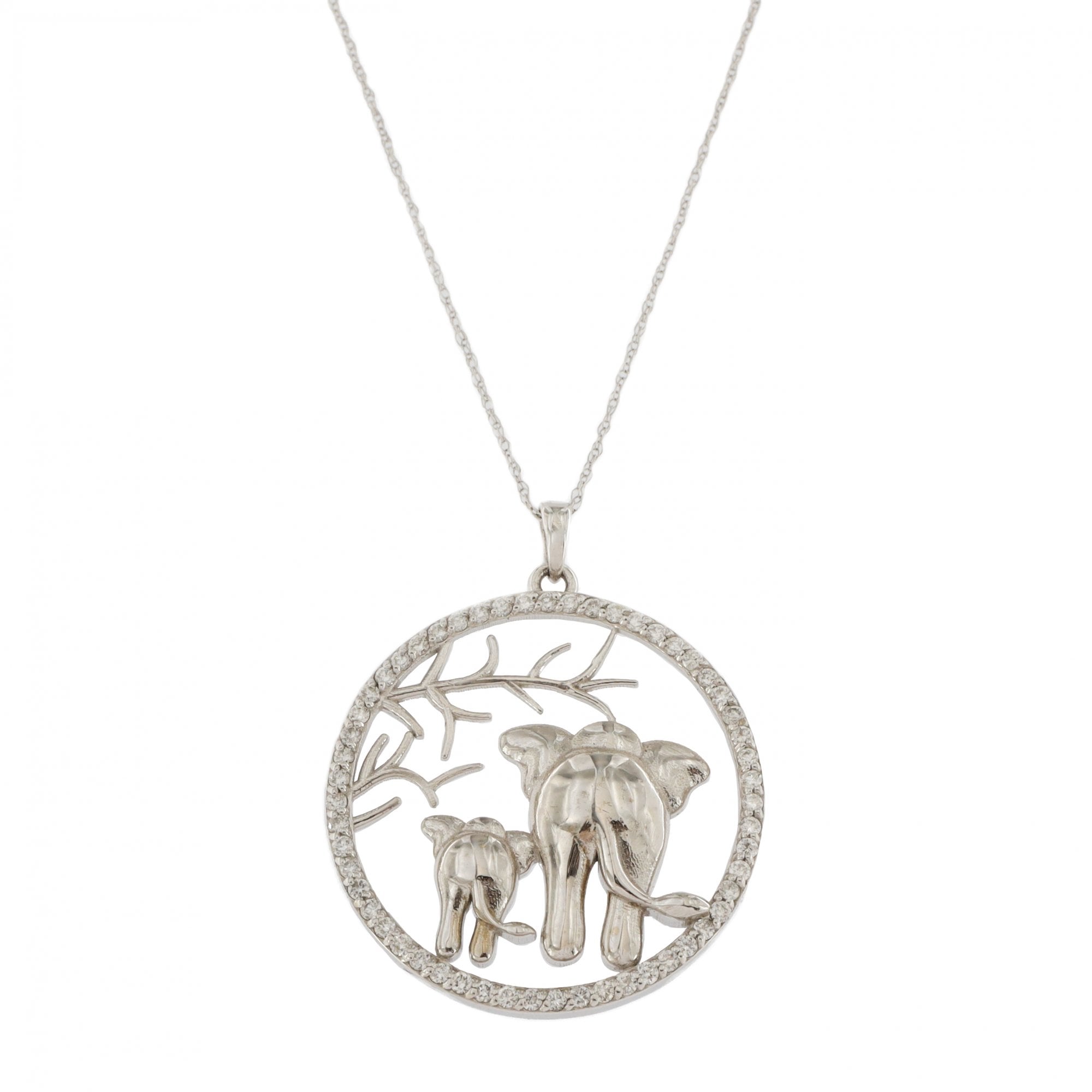 14ct White Gold Diamond Elephant Circle Pendant & Chain