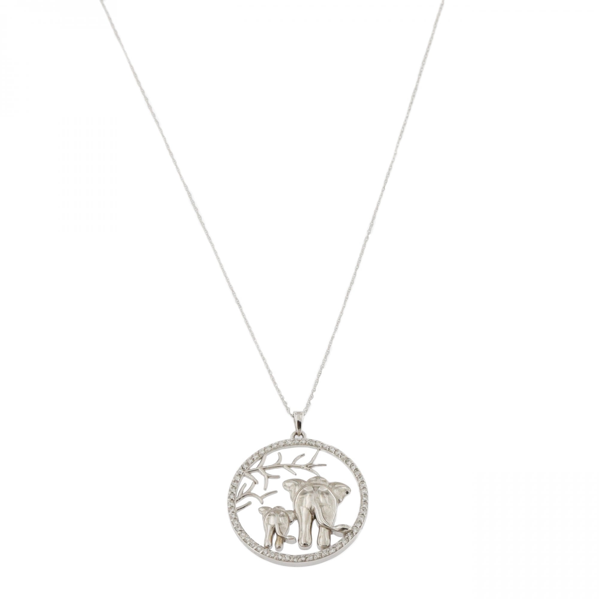 14ct White Gold Diamond Elephant Circle Pendant & Chain